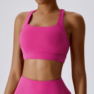 Hot Pink High Support Sports Bra - Square Neck Yoga Bralette