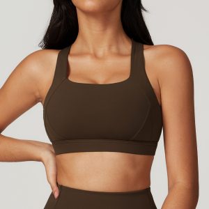 Brown Medium Support Sports Bra - Square Neck Yoga Top for Women