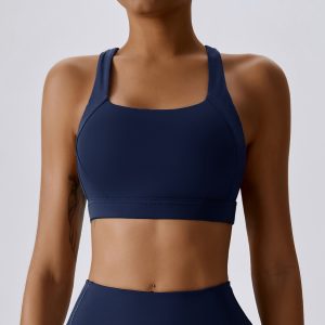 Navy Blue High Support Sports Bra - Square Neck Yoga Bralette
