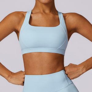 Light Blue Seamless Sports Bra - Square Neck Yoga Workout Top