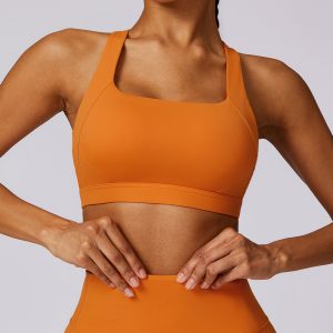 Orange Seamless Sports Bra - Square Neck High Support Gym Top