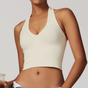 Off White Halter Neck Yoga Top - Ribbed Cropped Workout Tank