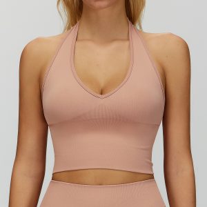 Nude Beige Ribbed Halter Neck Yoga Top - Cropped Workout Tank