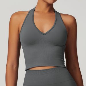 Charcoal Grey Halter Neck Sports Top - Ribbed Cropped Yoga Tank