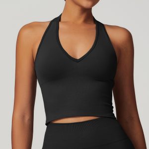 Black Ribbed Halter Neck Workout Top - Cropped Yoga Tank