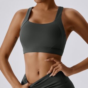 Charcoal Grey Sports Bra - Square Neck Medium Support Yoga Top
